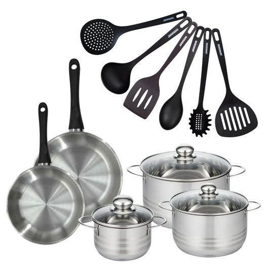 Set de 2 poêles 20 et 24 cm en inox, 3 faitouts inox 16, 20 et 24 cm et 6 ustensiles RPET Fackelmann Geneva