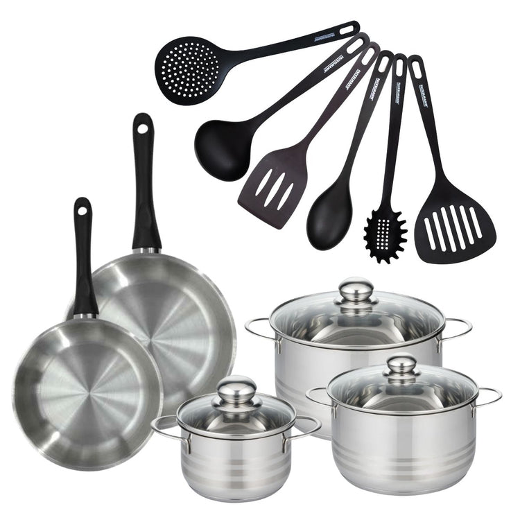 Set de 2 poêles 20 et 24 cm en inox, 3 faitouts inox 16, 20 et 24 cm et 6 ustensiles RPET Fackelmann Geneva