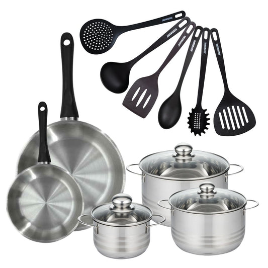 Set de 2 poêles 20 et 28 cm en inox, 3 faitouts inox 16, 20 et 24 cm et 6 ustensiles RPET Fackelmann Geneva