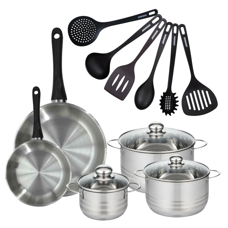 Set de 2 poêles 20 et 28 cm en inox, 3 faitouts inox 16, 20 et 24 cm et 6 ustensiles RPET Fackelmann Geneva