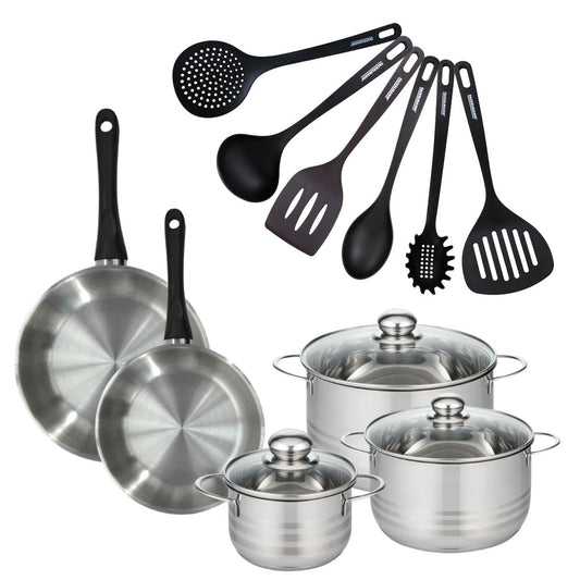 Set de 2 poêles 24 et 28 cm en inox, 3 faitouts inox 16, 20 et 24 cm et 6 ustensiles RPET Fackelmann Geneva