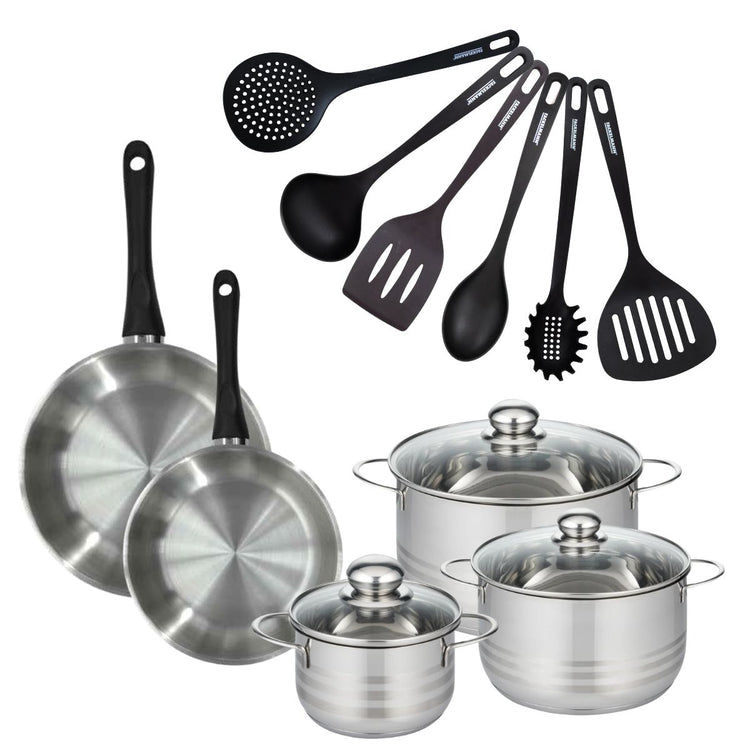 Set de 2 poêles 24 et 28 cm en inox, 3 faitouts inox 16, 20 et 24 cm et 6 ustensiles RPET Fackelmann Geneva