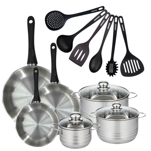 Set de 3 poêles 20, 24 et 28 cm en inox, 3 faitouts inox 16, 20 et 24 cm et 6 ustensiles RPET Fackelmann Geneva
