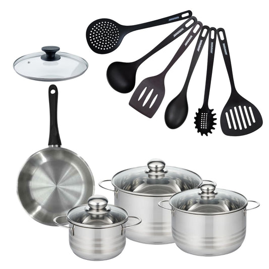 Set de 1 poêle 20 cm en inox, couvercle verre, 3 faitouts inox 16, 20 et 24 cm et 6 ustensiles RPET Fackelmann Geneva