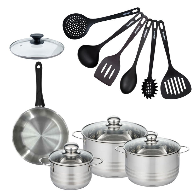 Set de 1 poêle 20 cm en inox, couvercle verre, 3 faitouts inox 16, 20 et 24 cm et 6 ustensiles RPET Fackelmann Geneva