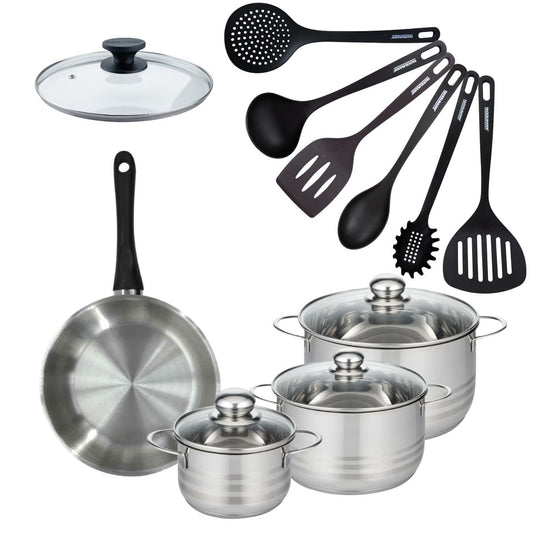 Set de 1 poêle 24 cm en inox, couvercle verre, 3 faitouts inox 16, 20 et 24 cm et 6 ustensiles RPET Fackelmann Geneva