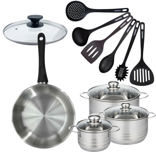 Set de 1 poêle 28 cm en inox, couvercle verre, 3 faitouts inox 16, 20 et 24 cm et 6 ustensiles RPET Fackelmann Geneva