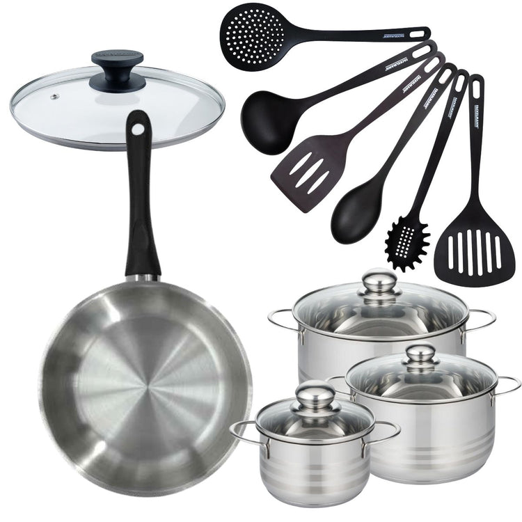 Set de 1 poêle 28 cm en inox, couvercle verre, 3 faitouts inox 16, 20 et 24 cm et 6 ustensiles RPET Fackelmann Geneva