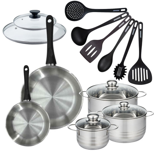 Set de 2 poêles 20 28 cm en inox, couvercles verres, 3 faitouts inox 16, 20 et 24 cm et 6 ustensiles RPET Fackelmann Geneva