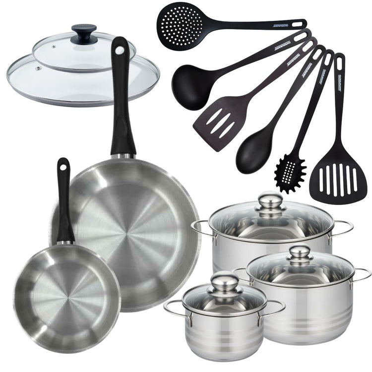 Set de 2 poêles 20 28 cm en inox, couvercles verres, 3 faitouts inox 16, 20 et 24 cm et 6 ustensiles RPET Fackelmann Geneva