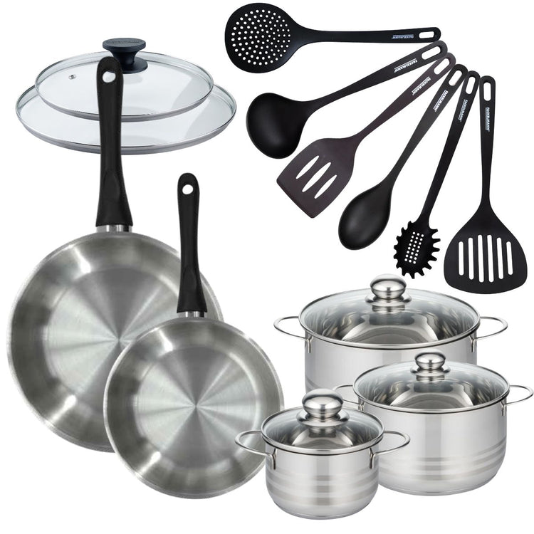Set de 2 poêles 24 28 cm en inox, couvercles verres, 3 faitouts inox 16, 20 et 24 cm et 6 ustensiles RPET Fackelmann Geneva