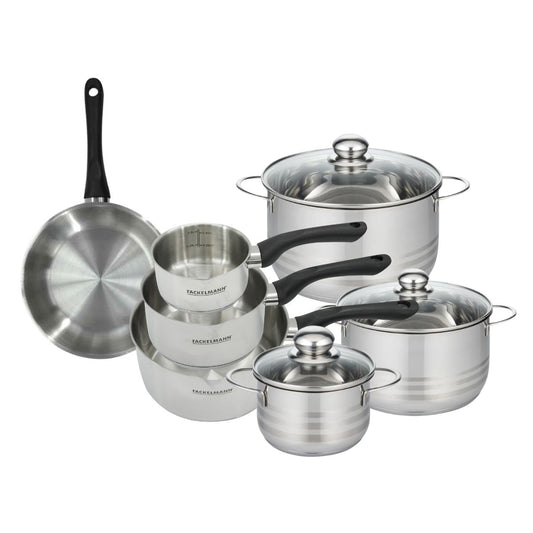 Batterie de cuisine avec 1 poêle 20 cm 3 casseroles 12/16/20 cm et 3 faitouts 16/20/24 cm en inox sans PFAS Fackelmann Généva Brillant