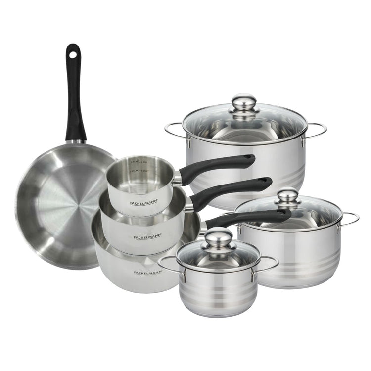 Batterie de cuisine avec 1 poêle 24 cm 3 casseroles 12/16/20 cm et 3 faitouts 16/20/24 cm en inox sans PFAS Fackelmann Généva Brillant