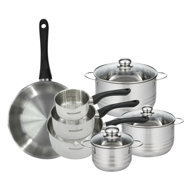 Batterie de cuisine avec 1 poêle 28 cm 3 casseroles 12/16/20 cm et 3 faitouts 16/20/24 cm en inox sans PFAS Fackelmann Généva Brillant