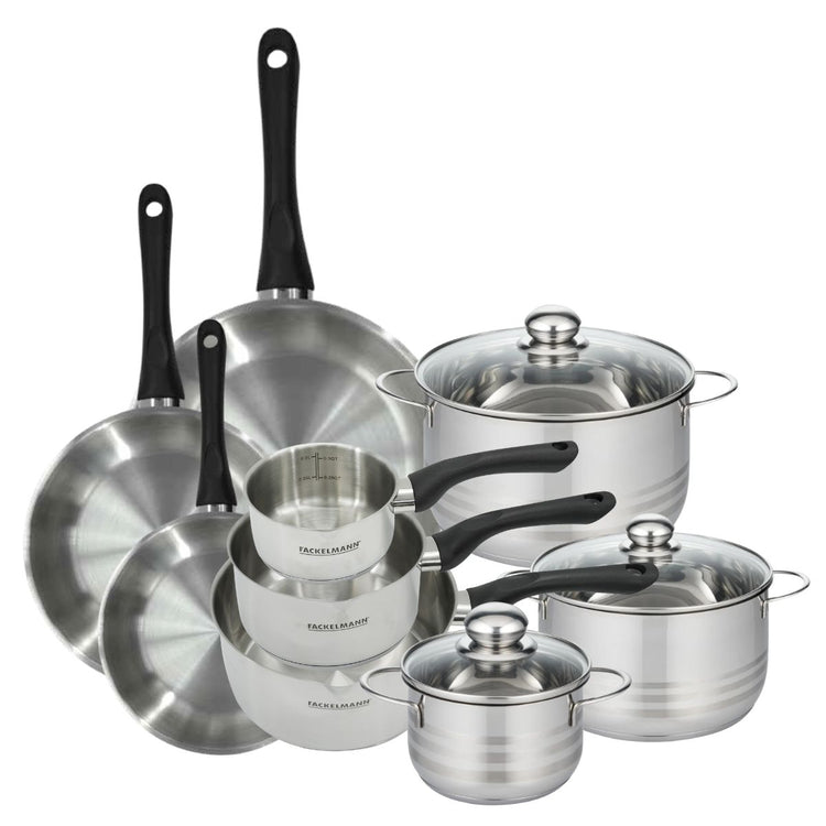 Batterie de cuisine avec 3 poêles 20/24/28 cm 3 casseroles 12/16/20 cm et 3 faitouts 16/20/24 cm en inox sans PFAS Fackelmann Généva Brillant