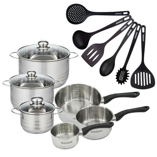 Set de 3 casseroles 12 16 20 cm en inox, 3 faitouts inox 16, 20 et 24 cm et 6 ustensiles RPET Fackelmann Geneva