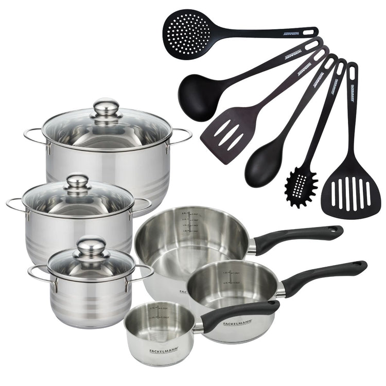 Set de 3 casseroles 12 16 20 cm en inox, 3 faitouts inox 16, 20 et 24 cm et 6 ustensiles RPET Fackelmann Geneva