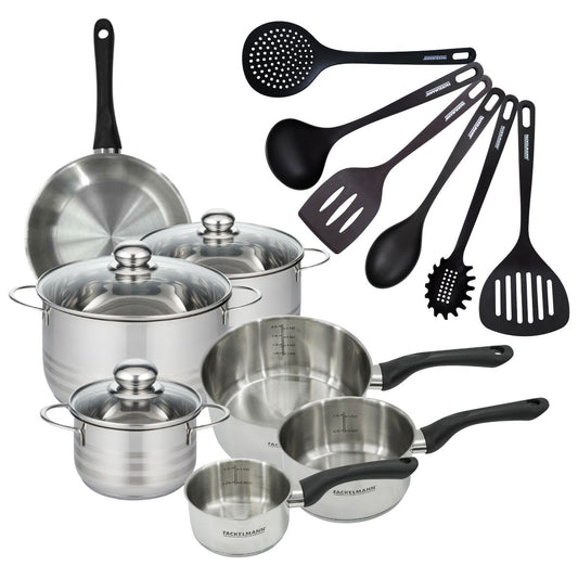 Set 1 poêle 20 cm 3 casseroles 12 16 20 cm, 3 faitouts 16, 20 et 24 cm en inox et 6 ustensiles RPET Fackelmann Geneva