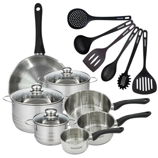 Set 1 poêle 28 cm 3 casseroles 12 16 20 cm, 3 faitouts 16, 20 et 24 cm en inox et 6 ustensiles RPET Fackelmann Geneva