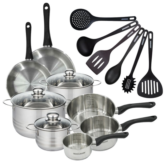Set 2 poêles 20 24 cm 3 casseroles 12 16 20 cm, 3 faitouts 16, 20 et 24 cm en inox et 6 ustensiles RPET Fackelmann Geneva