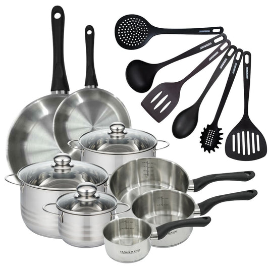 Set 2 poêles 20 28 cm 3 casseroles 12 16 20 cm, 3 faitouts 16, 20 et 24 cm en inox et 6 ustensiles RPET Fackelmann Geneva