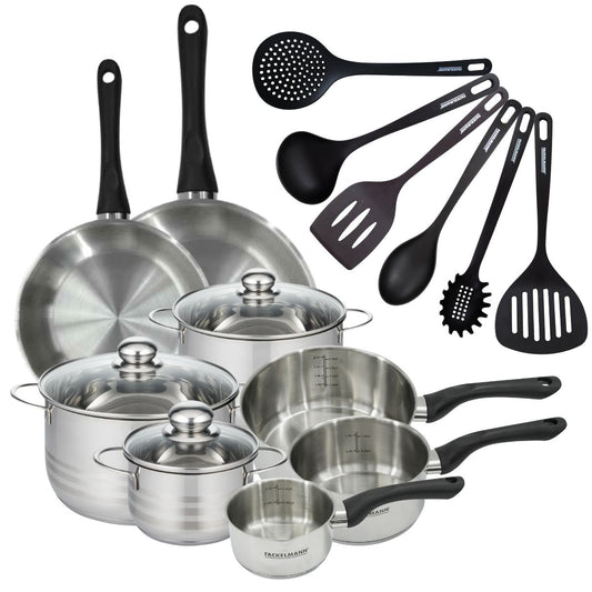 Set 2 poêles 24 28 cm 3 casseroles 12 16 20 cm, 3 faitouts 16, 20 et 24 cm en inox et 6 ustensiles RPET Fackelmann Geneva