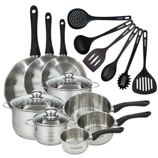Set 3 poêles 20 24 28 cm 3 casseroles 12 16 20 cm, 3 faitouts 16, 20 et 24 cm en inox et 6 ustensiles RPET Fackelmann Geneva