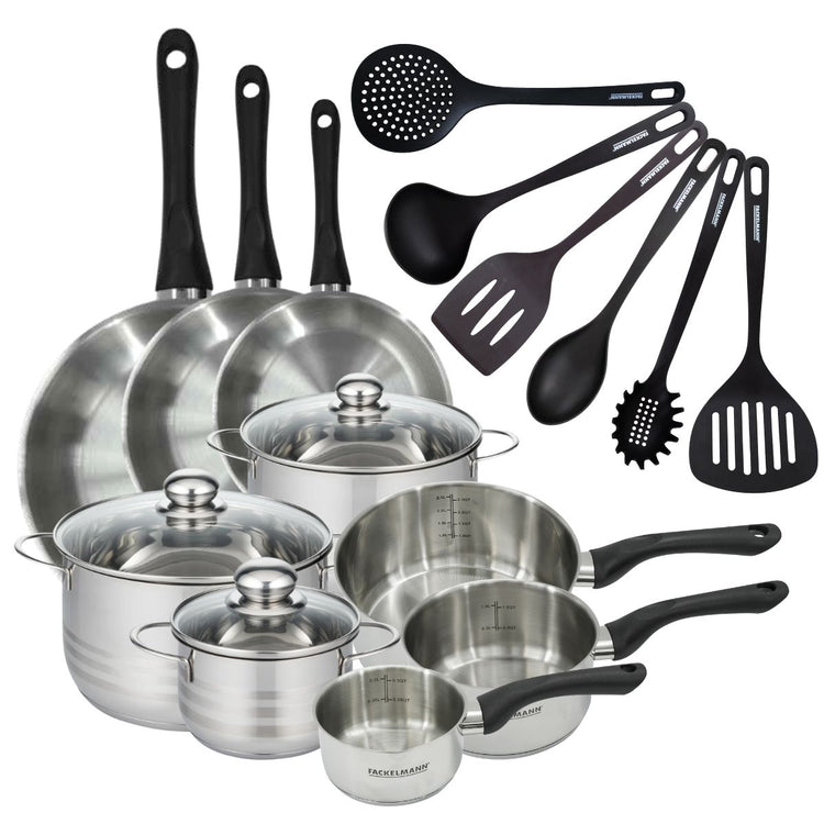 Set 3 poêles 20 24 28 cm 3 casseroles 12 16 20 cm, 3 faitouts 16, 20 et 24 cm en inox et 6 ustensiles RPET Fackelmann Geneva
