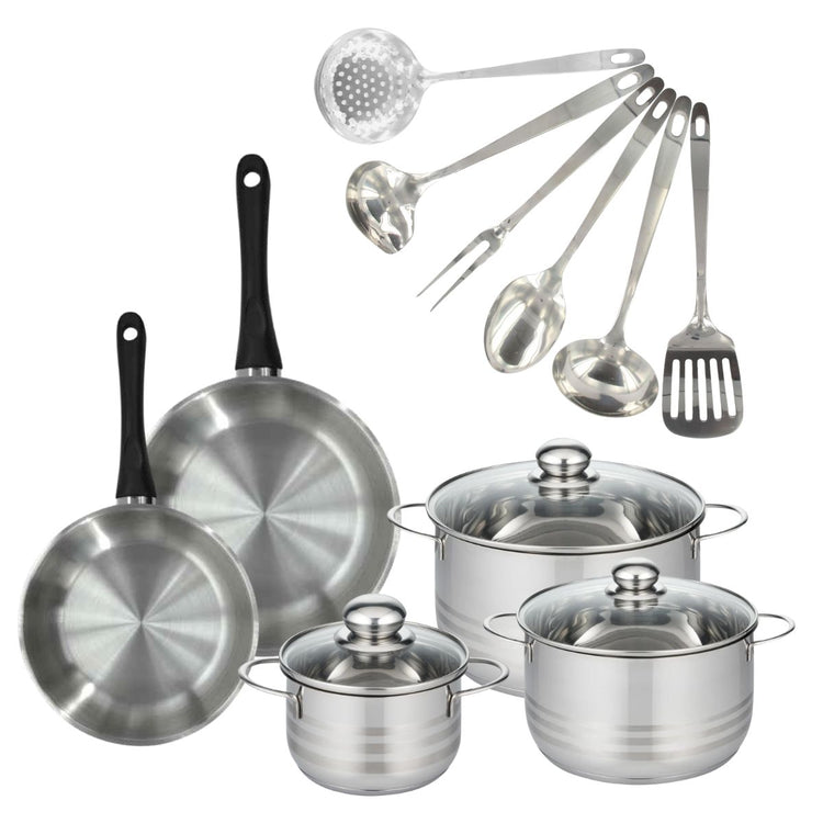 Set 2 poêles 20 24 cm, 3 faitouts 16, 20 et 24 cm en inox et 6 ustensiles inox Fackelmann Geneva
