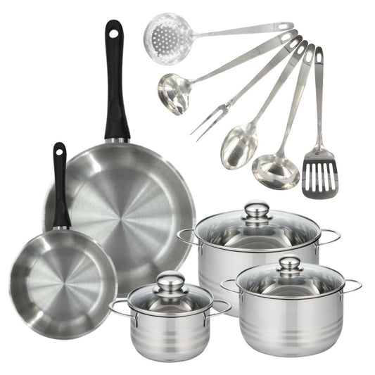 Set 2 poêles 20 28 cm, 3 faitouts 16, 20 et 24 cm en inox et 6 ustensiles inox Fackelmann Geneva