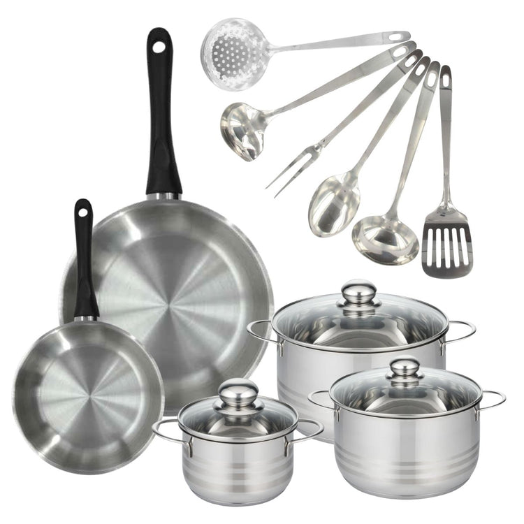 Batterie de cuisine avec 2 poêles 20/28 cm et 3 faitouts 16/20/24 cm avec 6 ustensiles de cuisine Fackelmann Généva Brillant Oxford