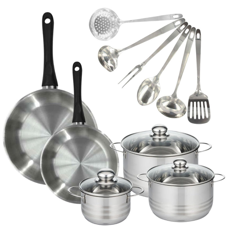 Set 2 poêles 24 28 cm, 3 faitouts 16, 20 et 24 cm en inox et 6 ustensiles inox Fackelmann Geneva
