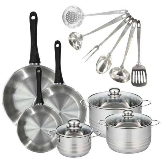 Batterie de cuisine avec 3 poêles 20/24/28 cm et 3 faitouts 16/20/24 cm avec 6 ustensiles de cuisine sans PFAS Fackelmann Généva Brillant Oxford