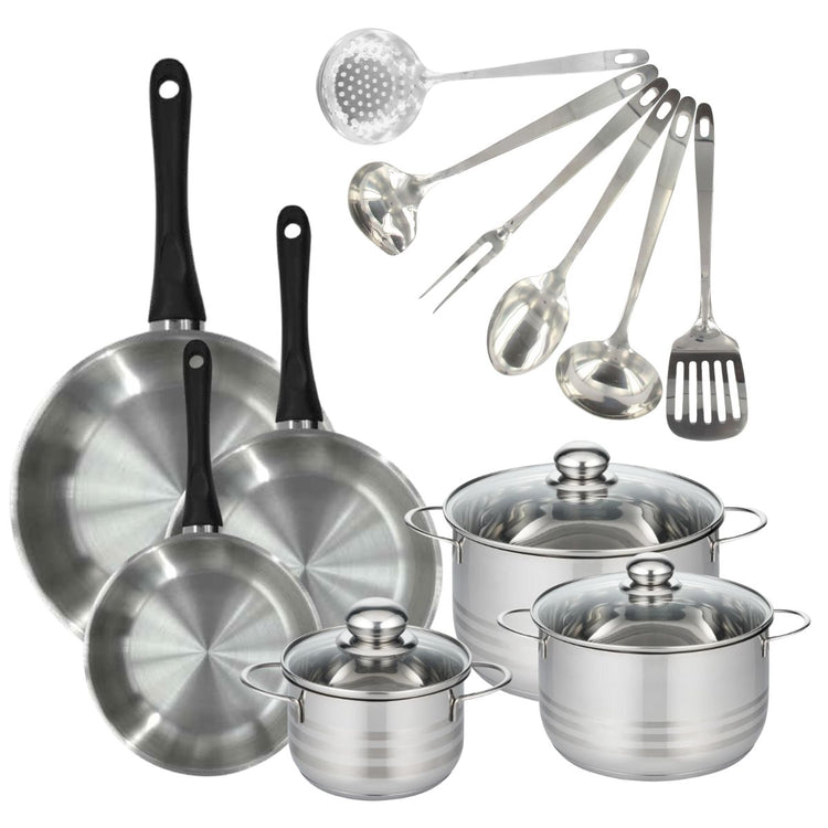Set 3 poêles 20 24 28 cm, 3 faitouts 16, 20 et 24 cm en inox et 6 ustensiles inox Fackelmann Geneva