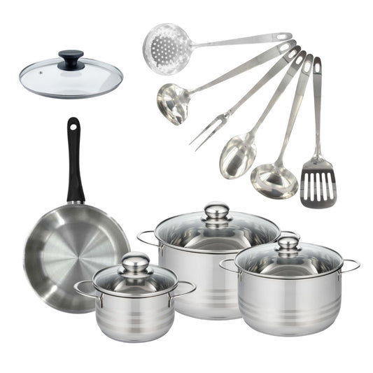 Set de 1 poêle 20 cm inox, couvercle verre, 3 faitouts inox 16, 20 et 24 cm et 6 ustensiles inox Fackelmann Geneva