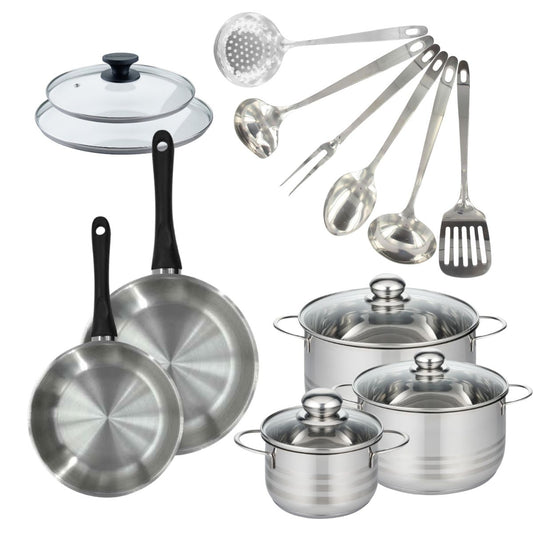 Set de 2 poêles 20, 24 cm inox, couvercle verre, 3 faitouts inox 16, 20 et 24 cm et 6 ustensiles inox Fackelmann Geneva