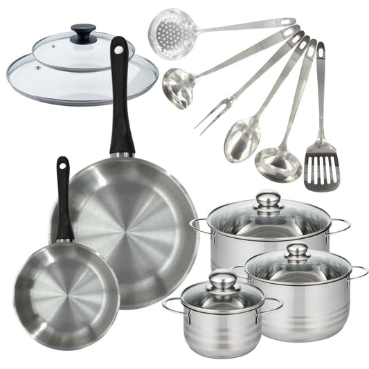 Set de 2 poêles 20, 28 cm inox, couvercles verre, 3 faitouts inox 16, 20 et 24 cm et 6 ustensiles inox Fackelmann Geneva