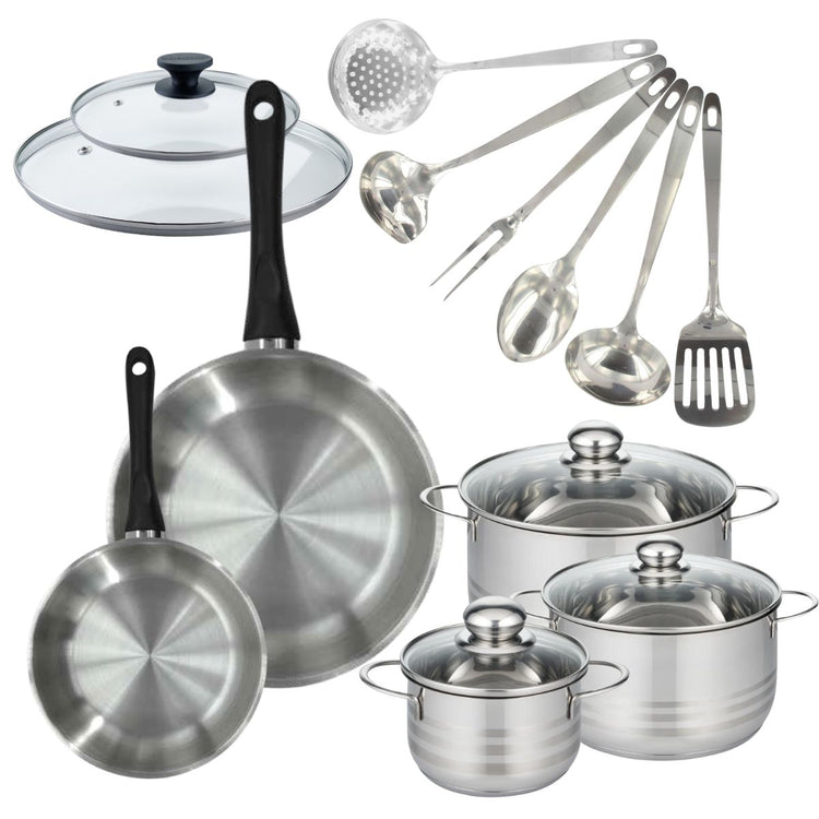 Set de 2 poêles 20, 28 cm inox, couvercles verre, 3 faitouts inox 16, 20 et 24 cm et 6 ustensiles inox Fackelmann Geneva