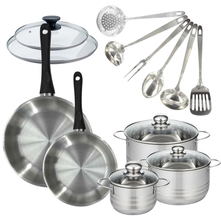 Set de 2 poêles 24, 28 cm inox, couvercles verre, 3 faitouts inox 16, 20 et 24 cm et 6 ustensiles inox Fackelmann Geneva