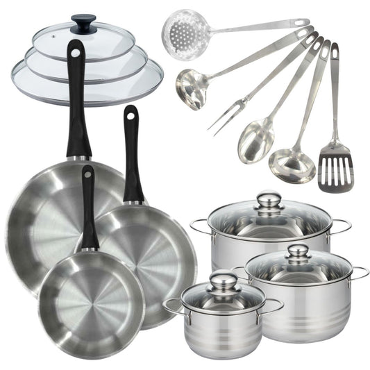 Set de 3 poêles 20, 24, 28 cm inox, couvercles verre, 3 faitouts inox 16, 20 et 24 cm et 6 ustensiles inox Fackelmann Geneva