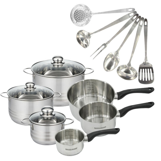 Batterie de cuisine avec 3 casseroles 12/16/20 cm et 3 faitouts 16/20/24 cm avec 6 ustensiles de cuisine sans PFAS Fackelmann Généva Brillant Oxford