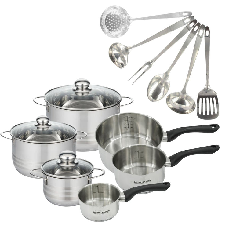 Batterie de cuisine avec 3 casseroles 12/16/20 cm et 3 faitouts 16/20/24 cm avec 6 ustensiles de cuisine sans PFAS Fackelmann Généva Brillant Oxford