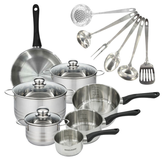 Set 1 poêle 24 cm 3 casseroles 12 16 20 cm, 3 faitouts 16, 20 et 24 cm en inox et 6 ustensiles inox Fackelmann Geneva