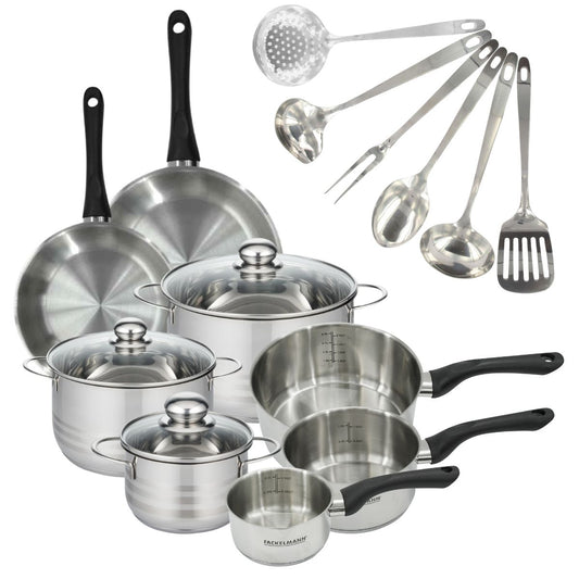 Set 2 poêles 20 24 cm 3 casseroles 12 16 20 cm, 3 faitouts 16, 20 et 24 cm en inox et 6 ustensiles inox Fackelmann Geneva