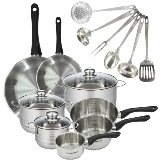 Set 2 poêles 20 28 cm 3 casseroles 12 16 20 cm, 3 faitouts 16, 20 et 24 cm en inox et 6 ustensiles inox Fackelmann Geneva