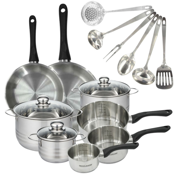 Set 2 poêles 24 28 cm, 3 casseroles 12 16 20 cm, 3 faitouts 16, 20 et 24 cm en inox et 6 ustensiles inox Fackelmann Geneva
