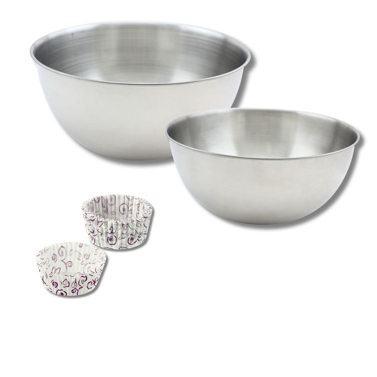 Ensemble comprenant 50 moules à muffins en papier motif fleur violette Zenker, 2 bols à mixer en inox Fackelmann