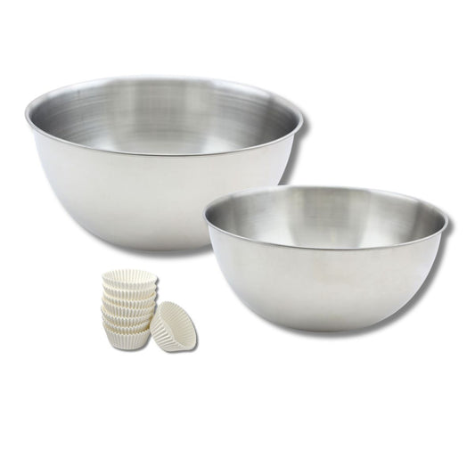 Ensemble comprenant 100 moules à muffin en papier, 1 spatule Zenker, 2 bols à mixer en inox Fackelmann