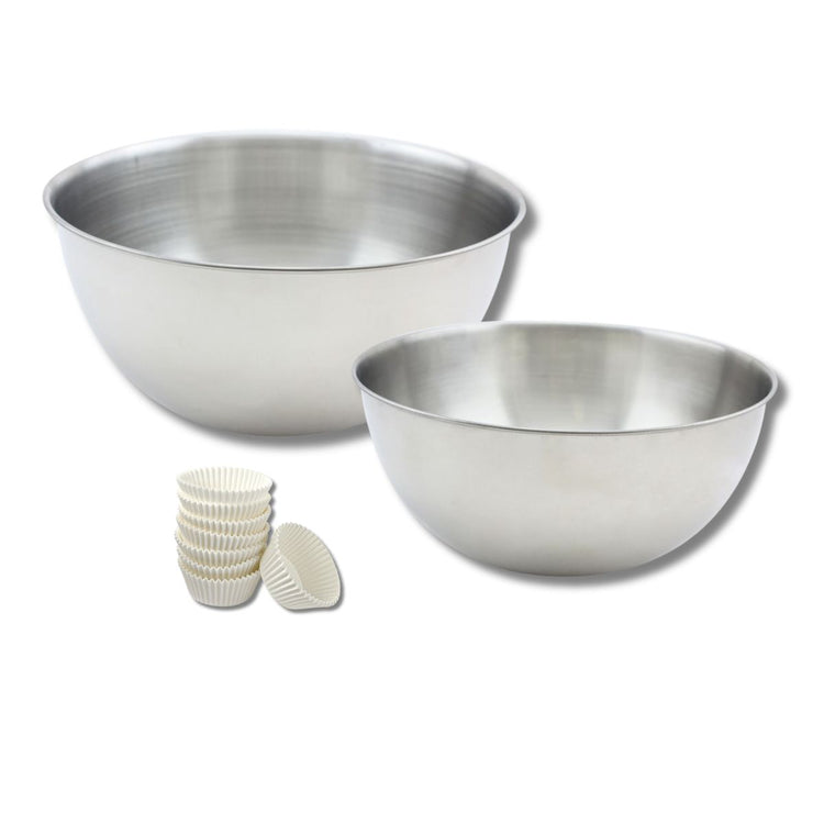 Ensemble comprenant 100 moules à muffin en papier, 1 spatule Zenker, 2 bols à mixer en inox Fackelmann