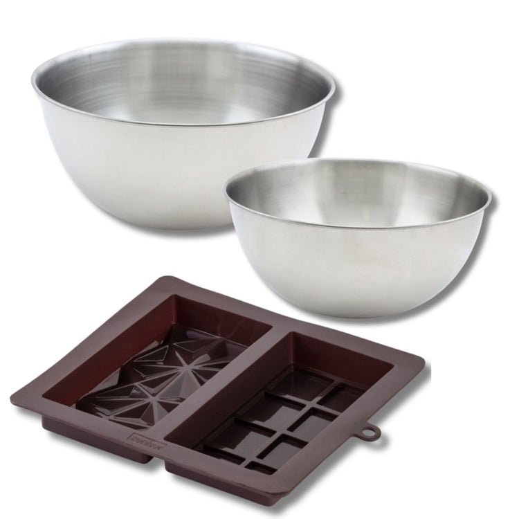 Ensemble comprenant 1 moule à chocolat Dubaï en silicone Zenker, 2 bols à mixer en inox Fackelmann